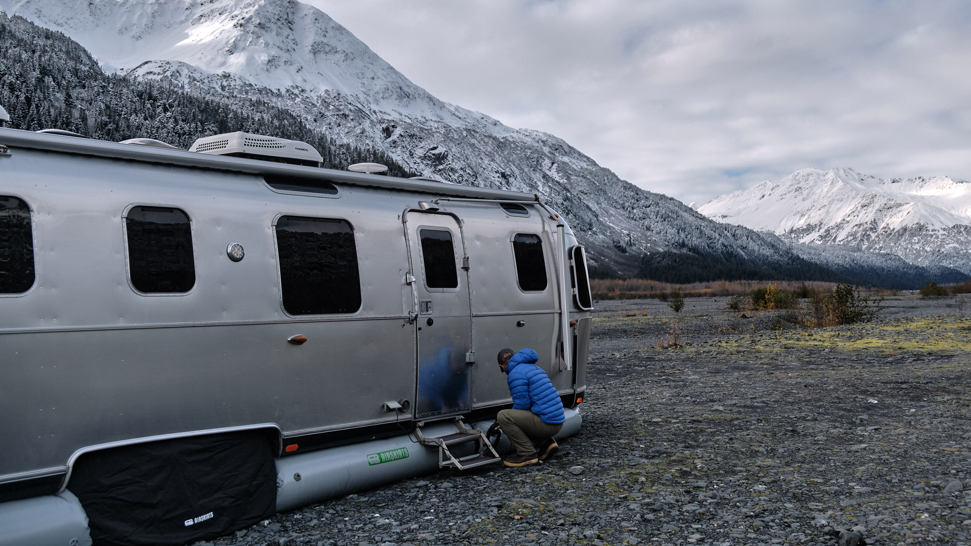 RV Skirting setup with mountains in background