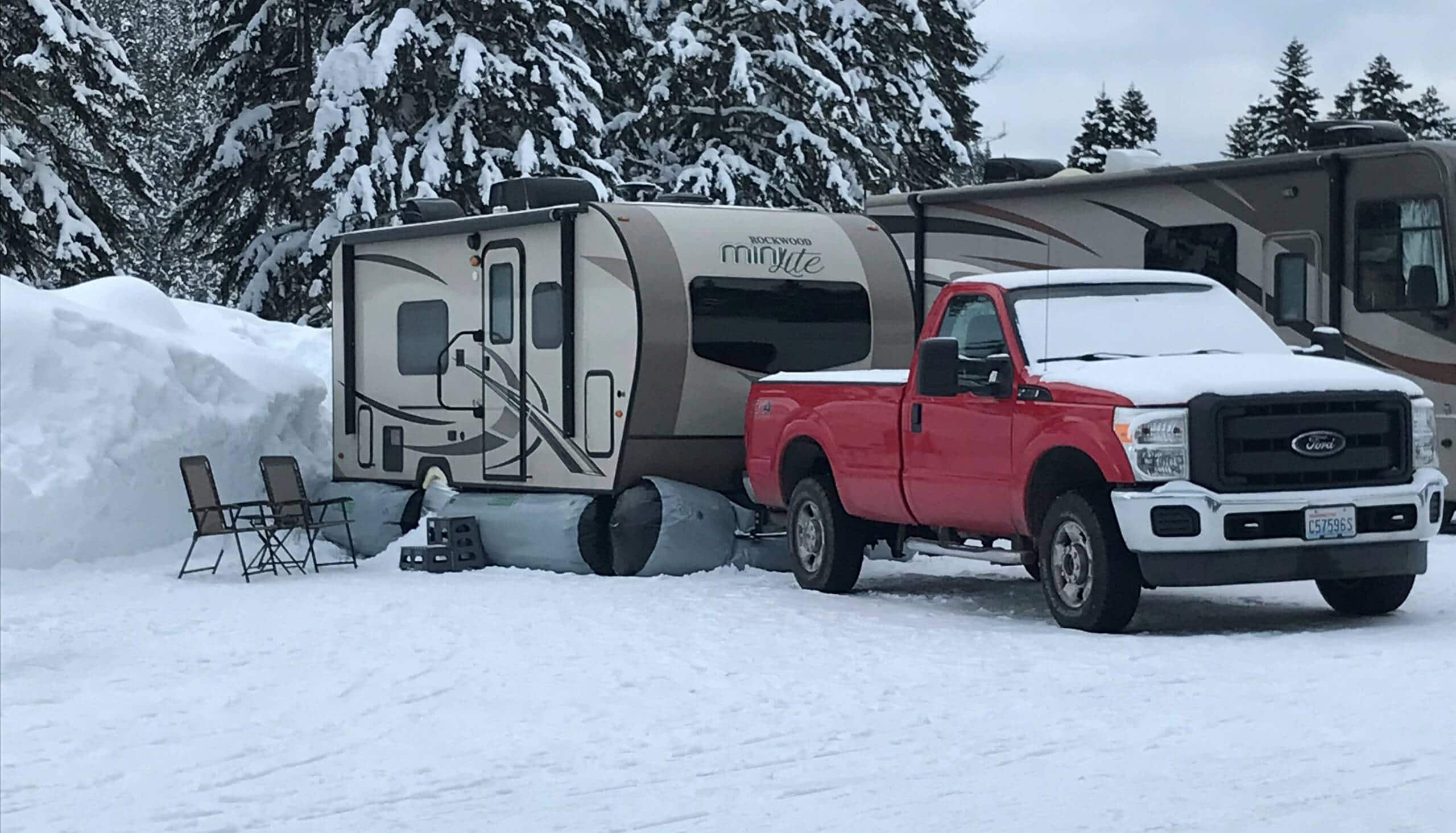 skirts on Rockwood Mini Lite 1905G travel trailer in snow